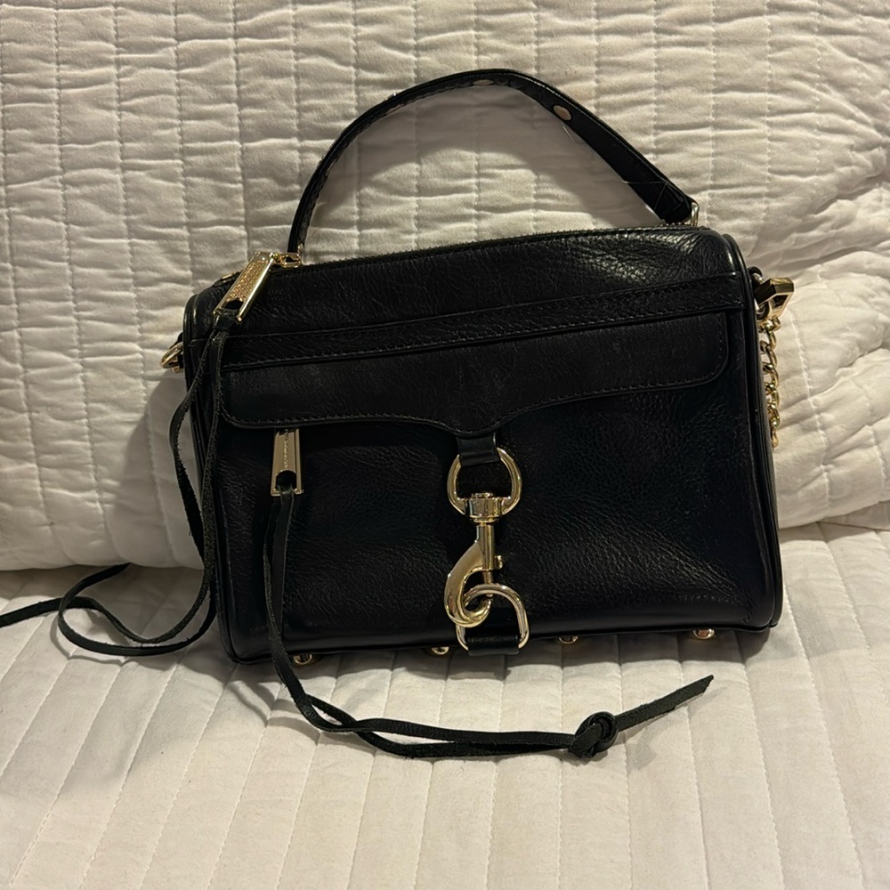 Rebecca Minkoff Black Leather Mini Mac Crossbody Purse with gold hardware